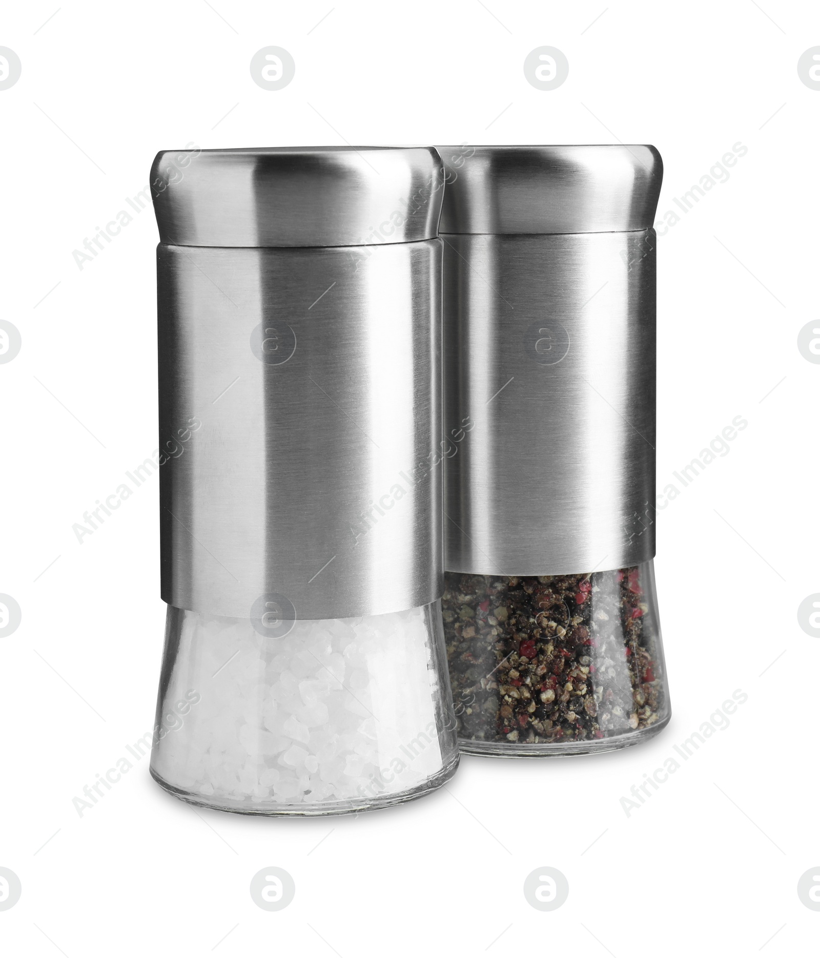 Photo of Salt and pepper shakers isolated on white