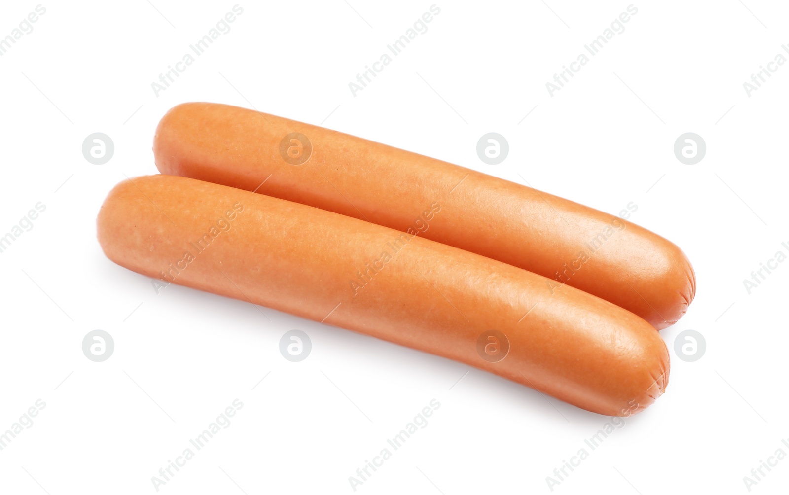 Photo of Fresh raw sausages isolated on white. Ingredients for hot dogs