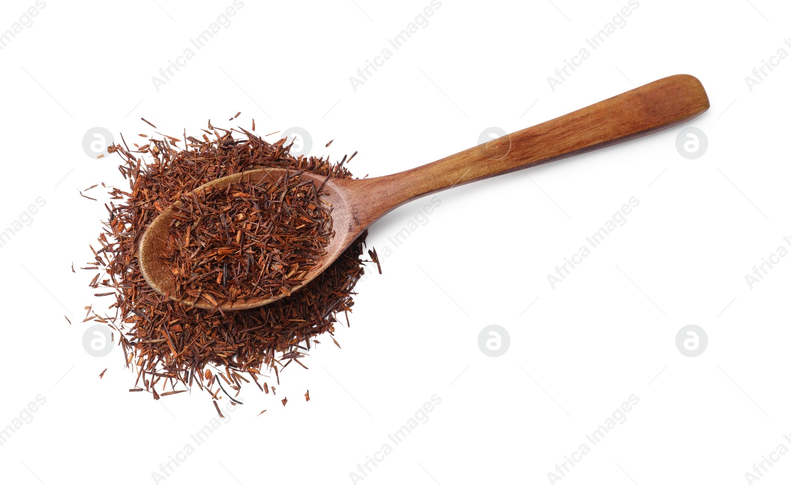 Photo of Rooibos tea and spoon isolated on white, top view