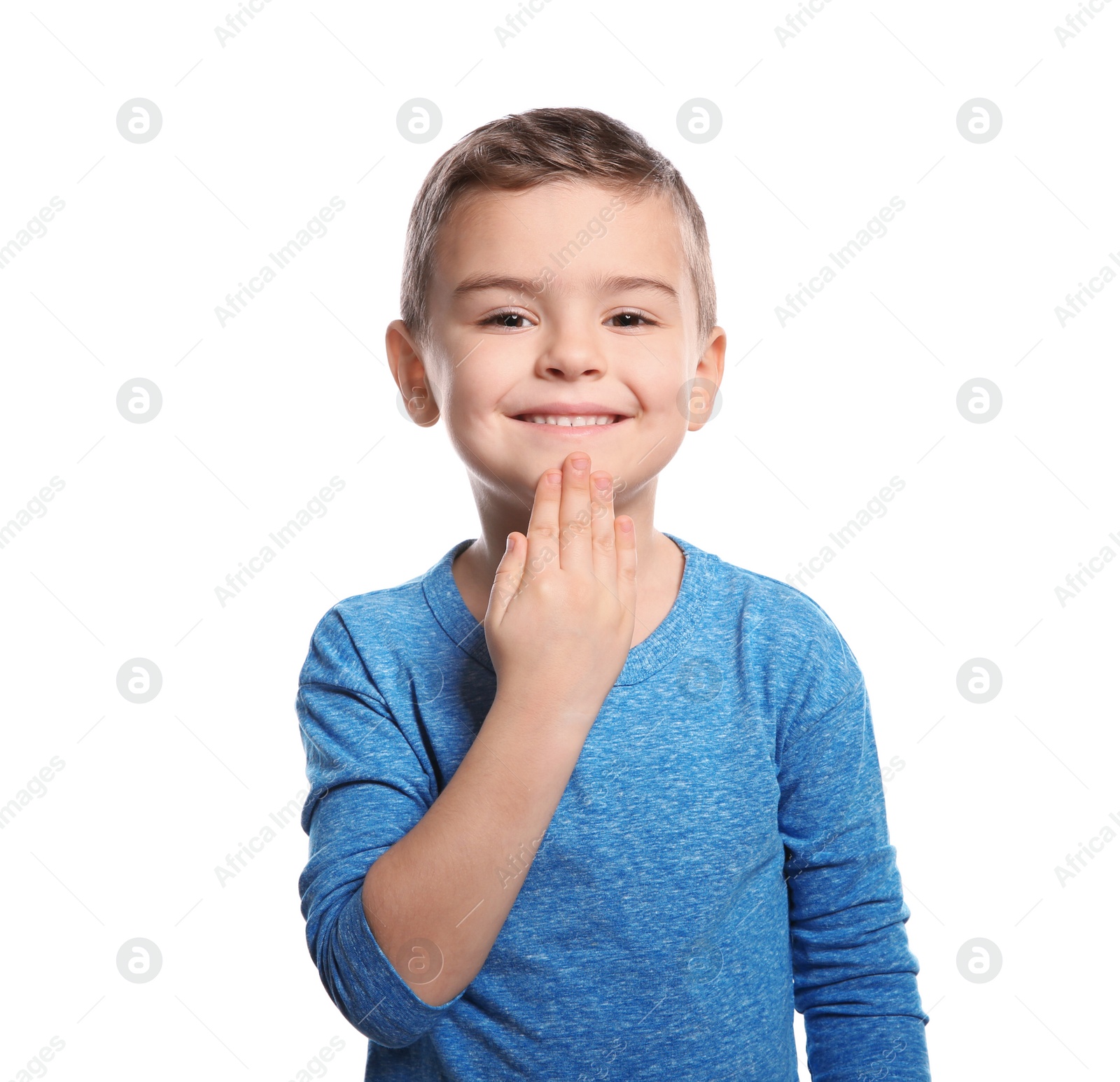 Photo of Little boy showing THANK YOU gesture in sign language on white background