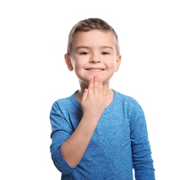 Little boy showing THANK YOU gesture in sign language on white background