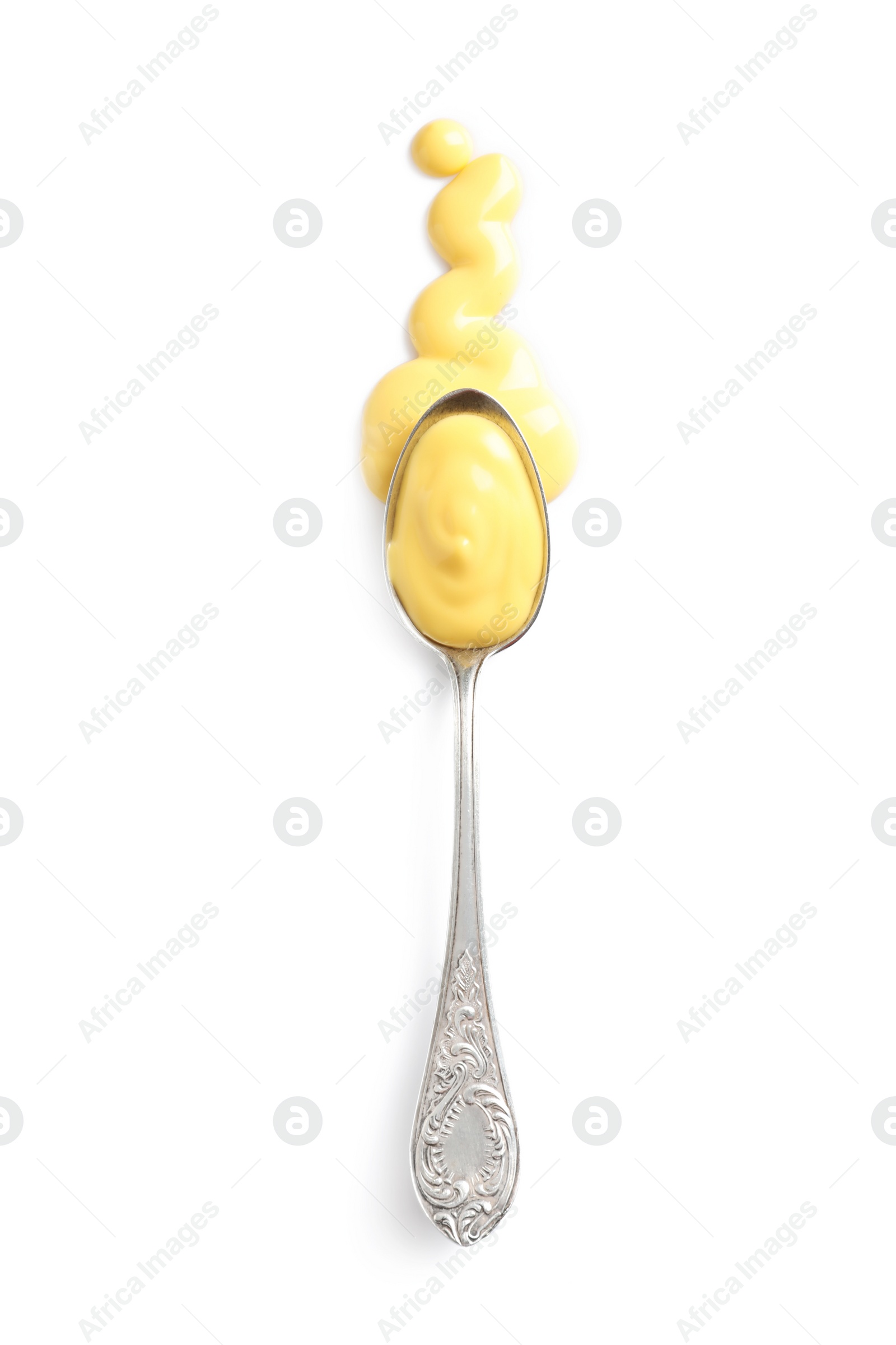 Photo of Delicious cheese sauce and spoon on white background, top view