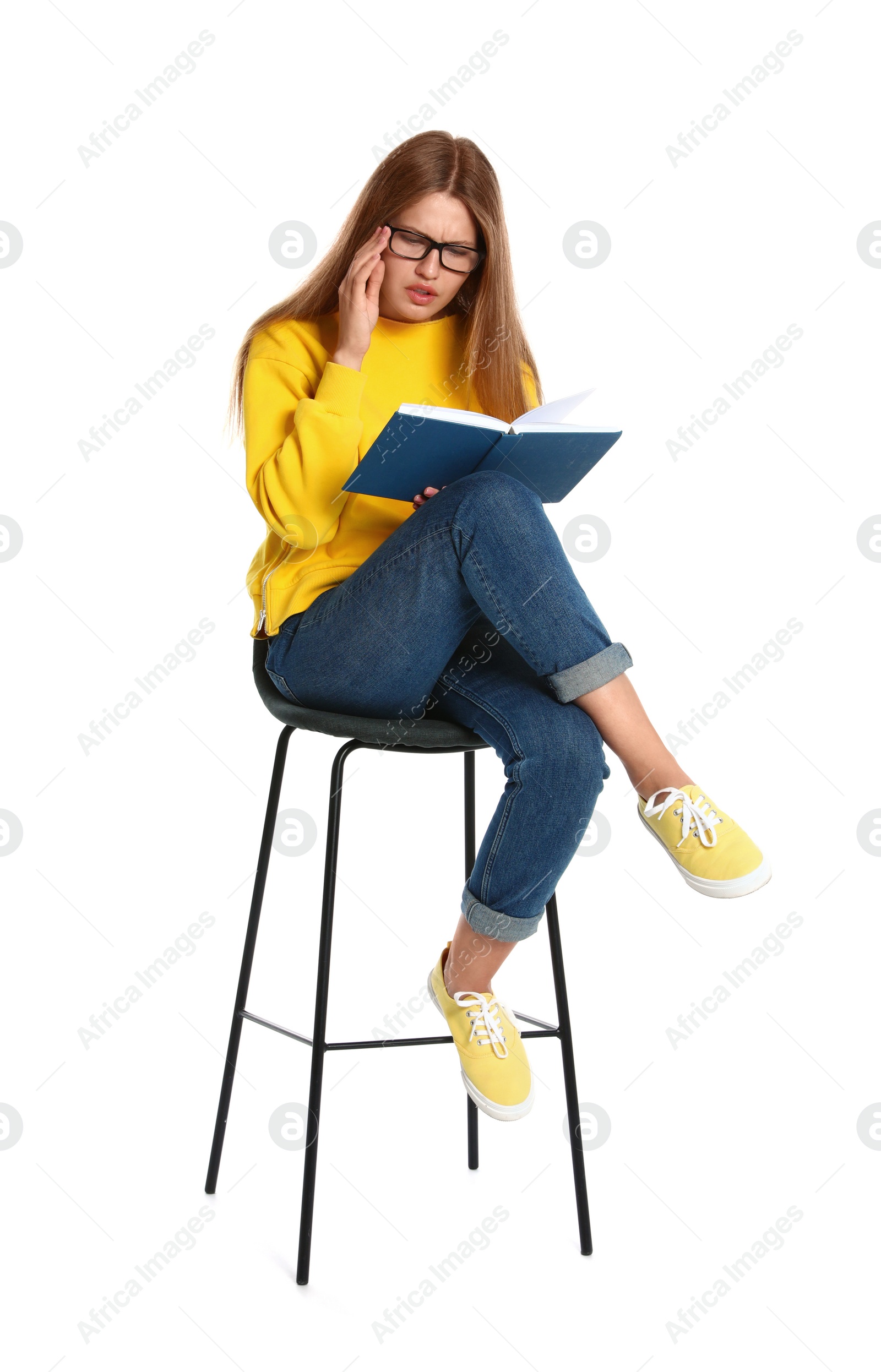 Photo of Beautiful young woman reading book on white background