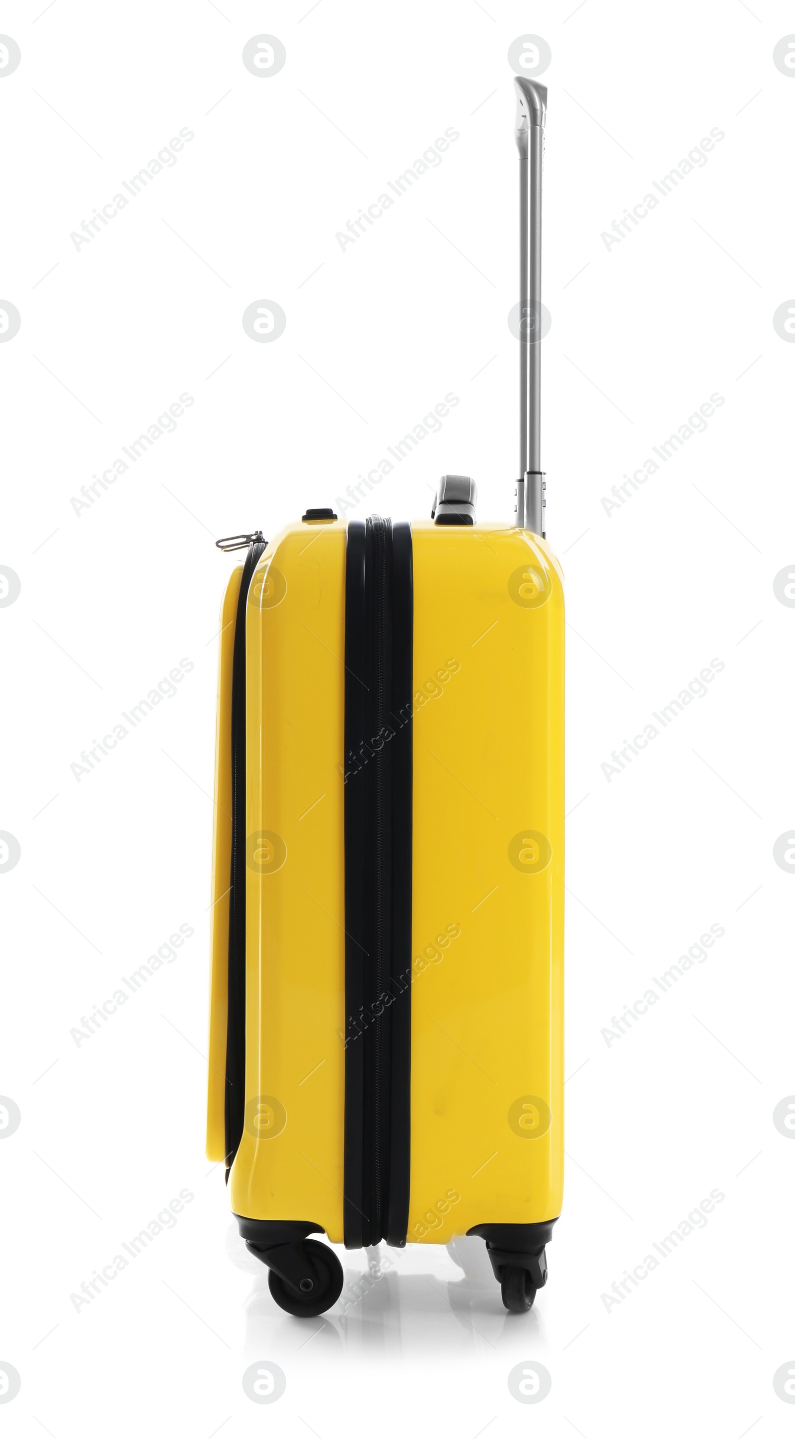 Photo of Yellow suitcase for travelling on white background