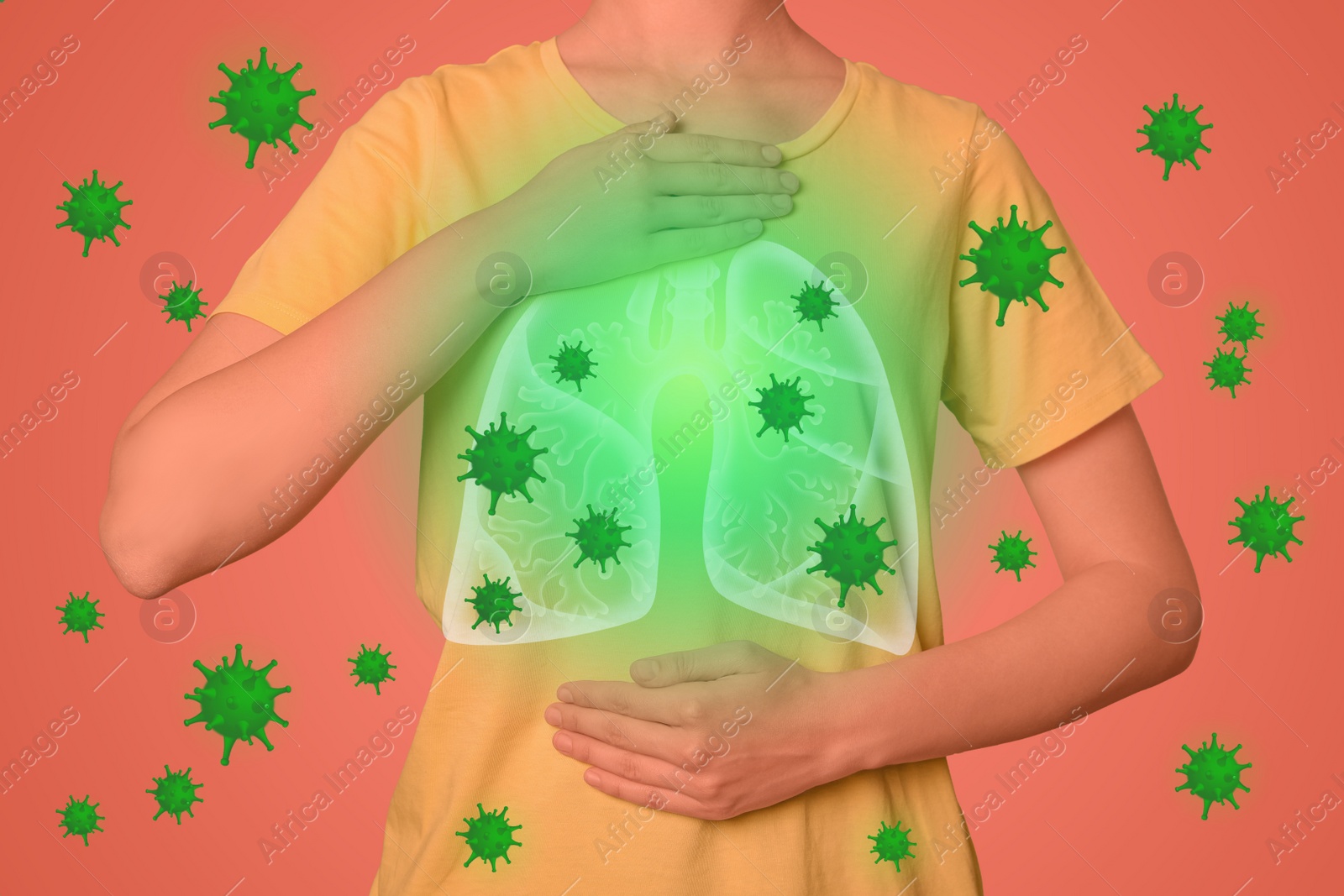 Image of Woman holding hands near chest with illustration of lungs and viruses that surrounding her on coral background, closeup