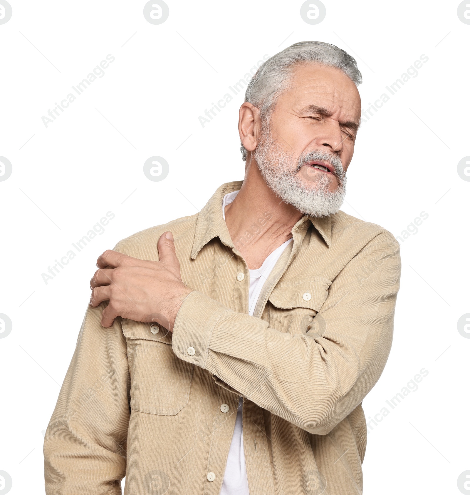Photo of Arthritis symptoms. Man suffering from pain in shoulder on white background