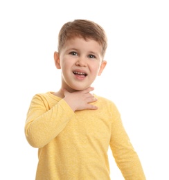 Photo of Cute boy suffering from cough on white background