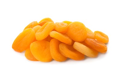 Photo of Pile of tasty apricots on white background. Dried fruits