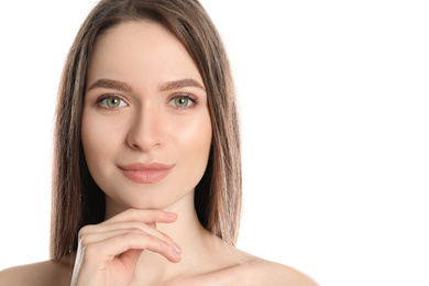 Portrait of young woman with beautiful face on white background