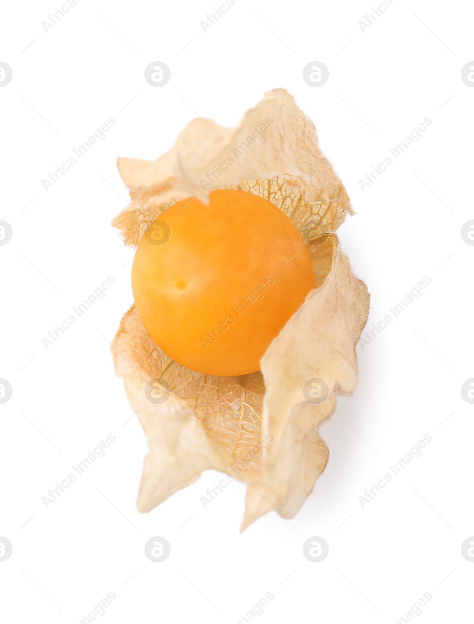 Photo of Ripe physalis fruit with calyx isolated on white, top view