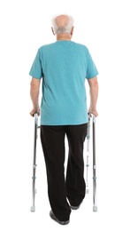 Photo of Elderly man using walking frame isolated on white, back view