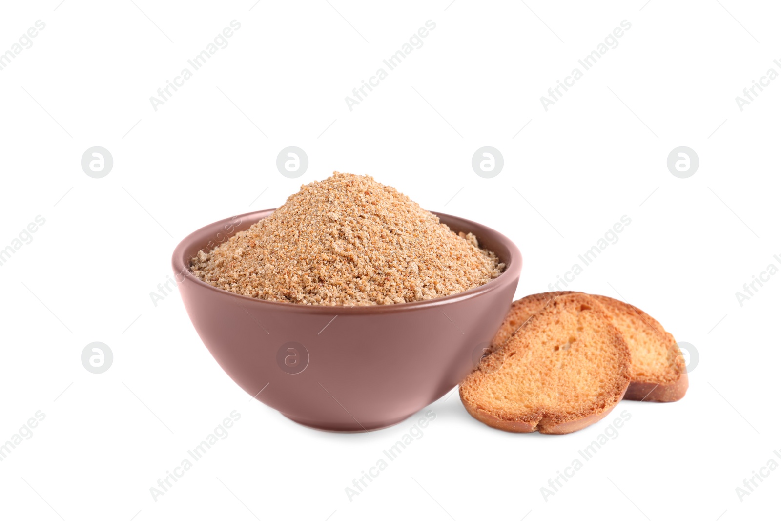 Photo of Fresh bread crumbs in bowl and toasts on white background