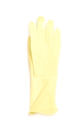 Photo of Medical glove on white background, top view