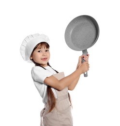 Photo of Portrait of little girl in chef hat with frying pan on white background