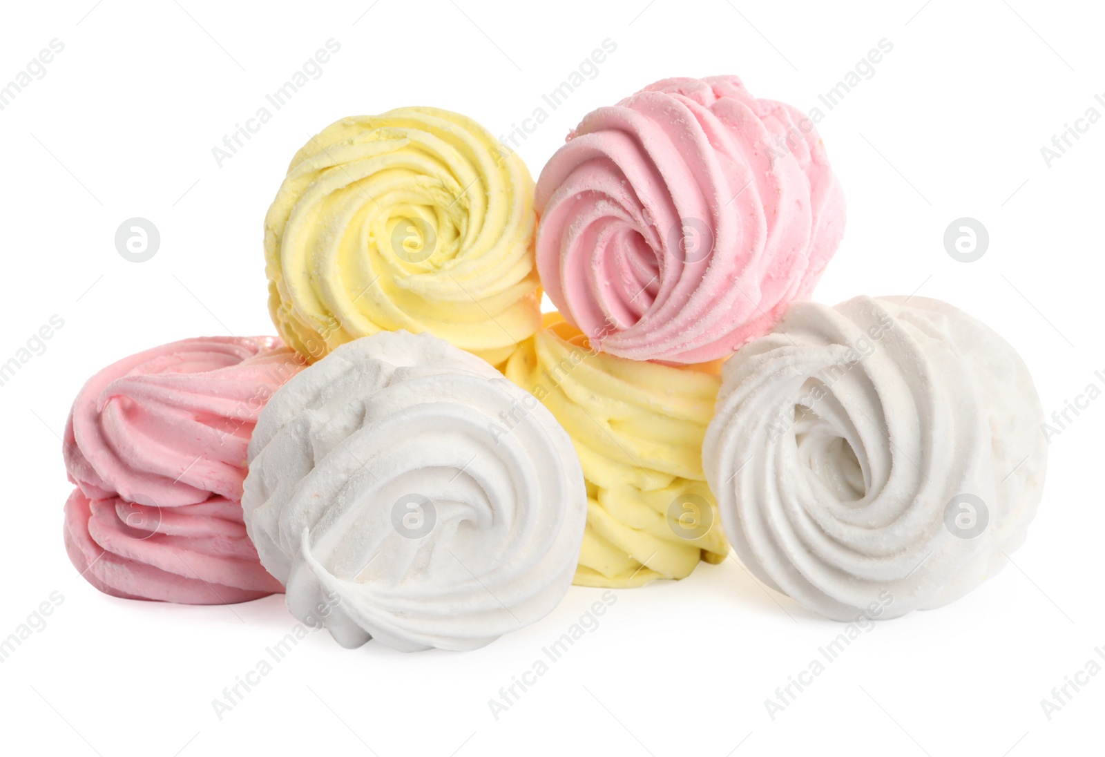 Photo of Many different delicious zephyrs on white background
