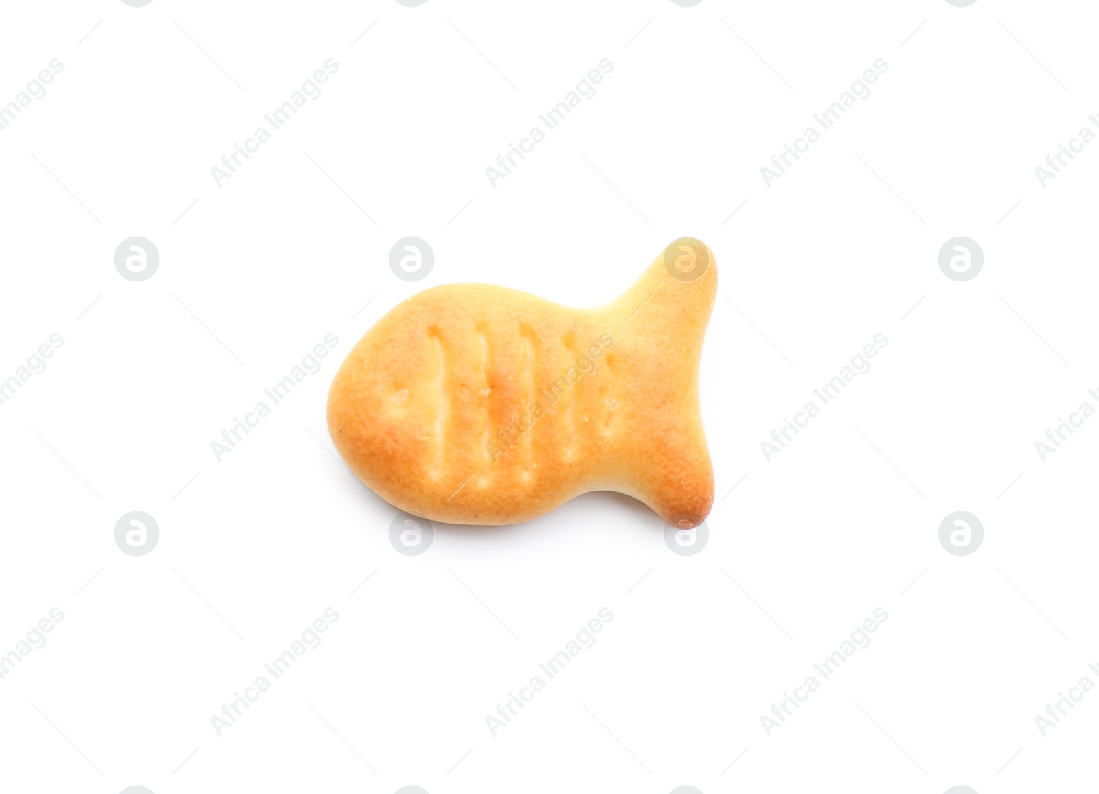 Photo of Delicious crispy goldfish cracker isolated on white, top view