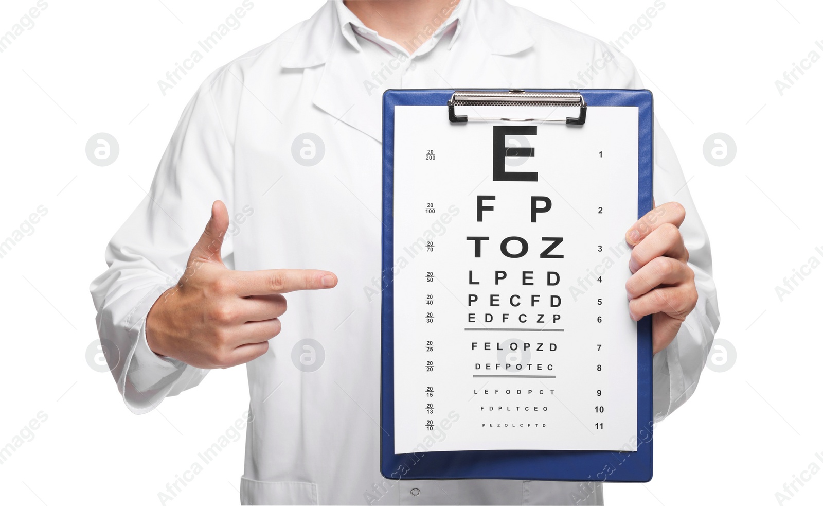 Photo of Ophthalmologist pointing at vision test chart on white background, closeup