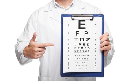 Ophthalmologist pointing at vision test chart on white background, closeup