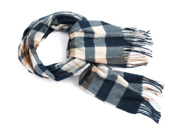 One beautiful checkered scarf on white background, top view