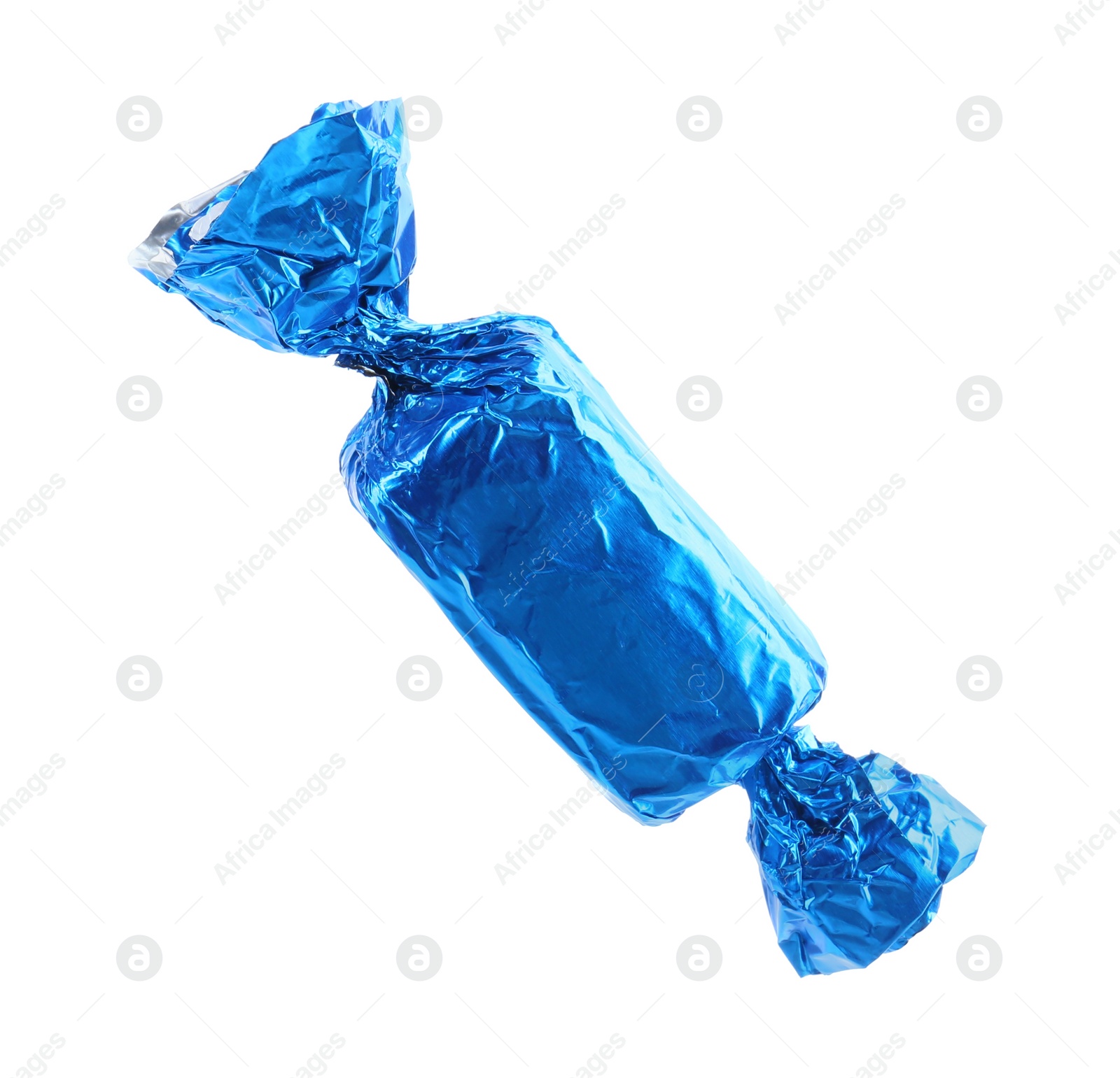 Photo of Tasty candy in light blue wrapper isolated on white