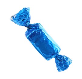 Tasty candy in light blue wrapper isolated on white