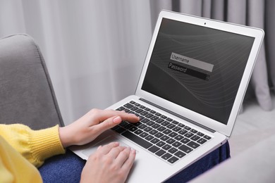 Woman unlocking laptop with blocked screen indoors, closeup