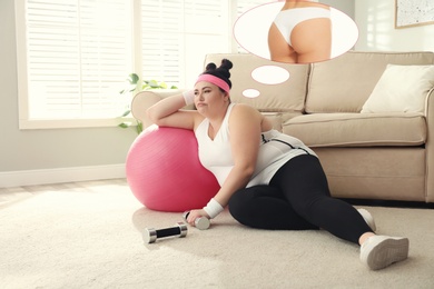 Image of Overweight woman dreaming about slim body while having break in training. Weight loss concept