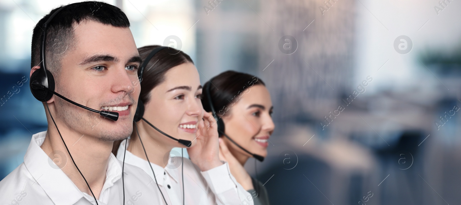 Image of Hotline operators with headsets in office, space for text. Banner design