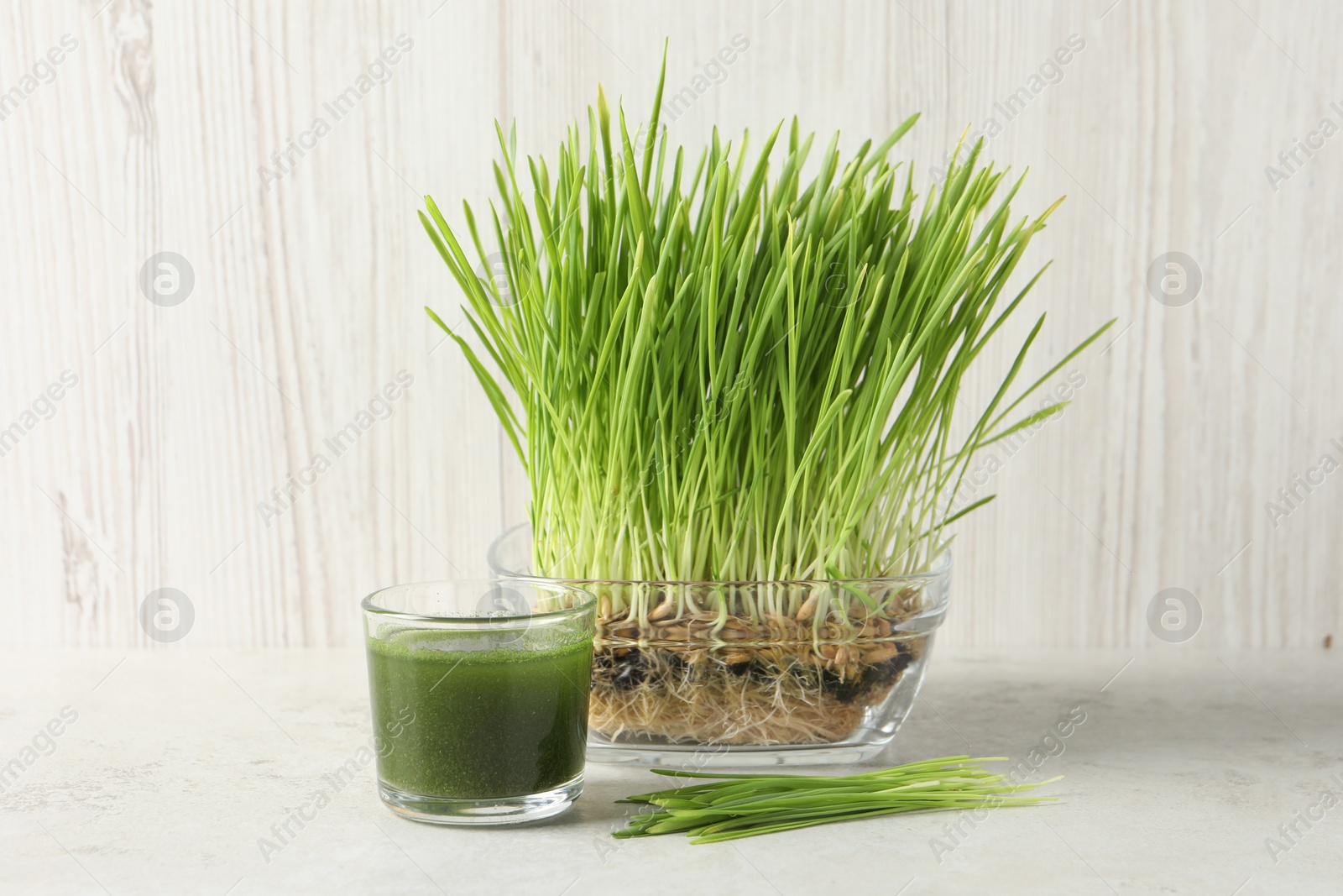 Photo of Wheat grass drink in glass and fresh sprouts on light table