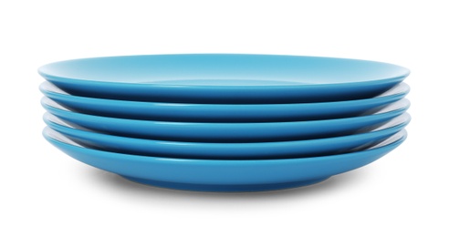 Photo of Stack of clean plates on white background. Washing dishes