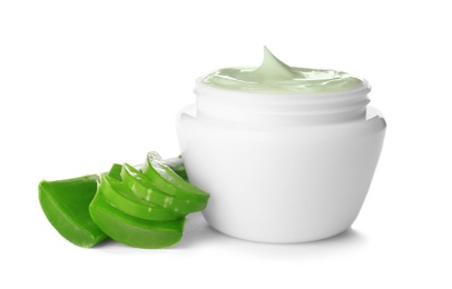 Jar with aloe vera balm and sliced leaves on white background