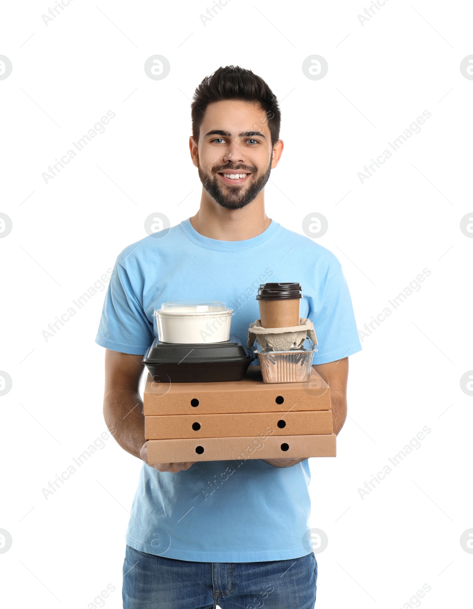 Photo of Young courier with different containers on white background. Food delivery service