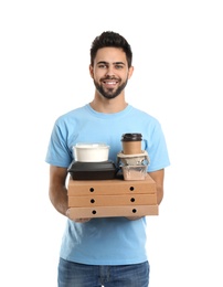 Young courier with different containers on white background. Food delivery service