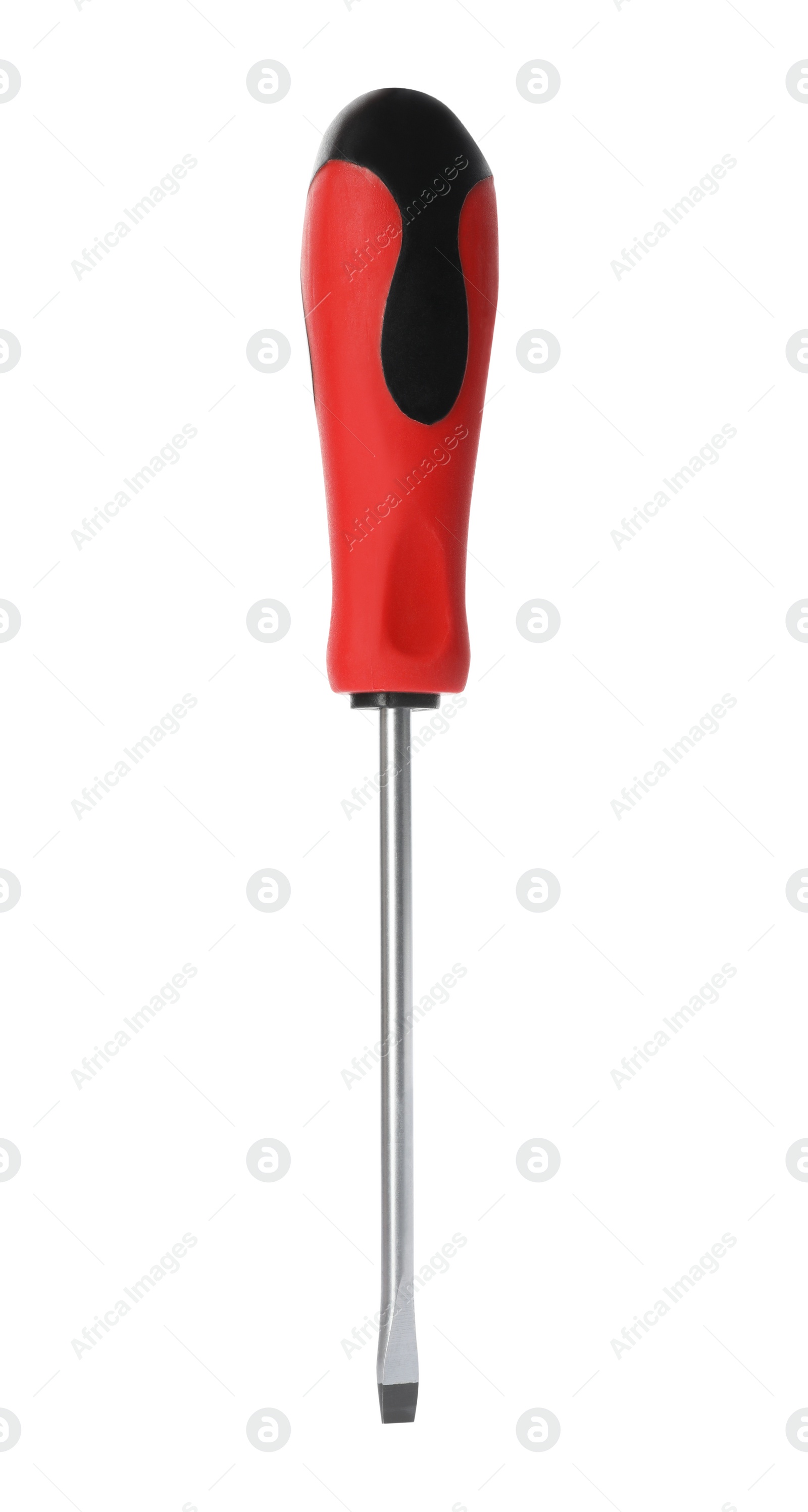 Photo of New screwdriver on white background. Professional construction tool