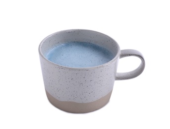 Image of Blue matcha latte in cup on white background 