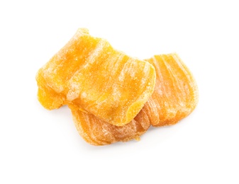 Sweet dried jackfruit slices on white background