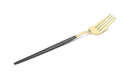 One shiny golden fork with black handle isolated on white