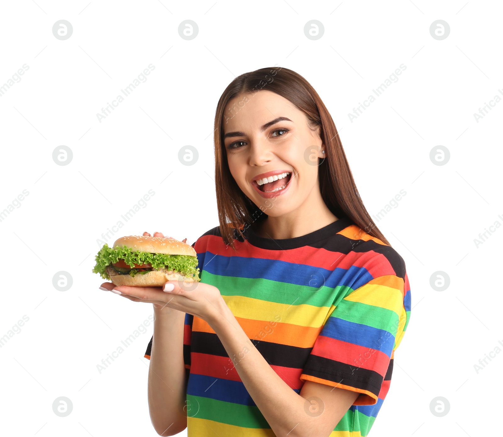Photo of Young woman with tasty burger on white background