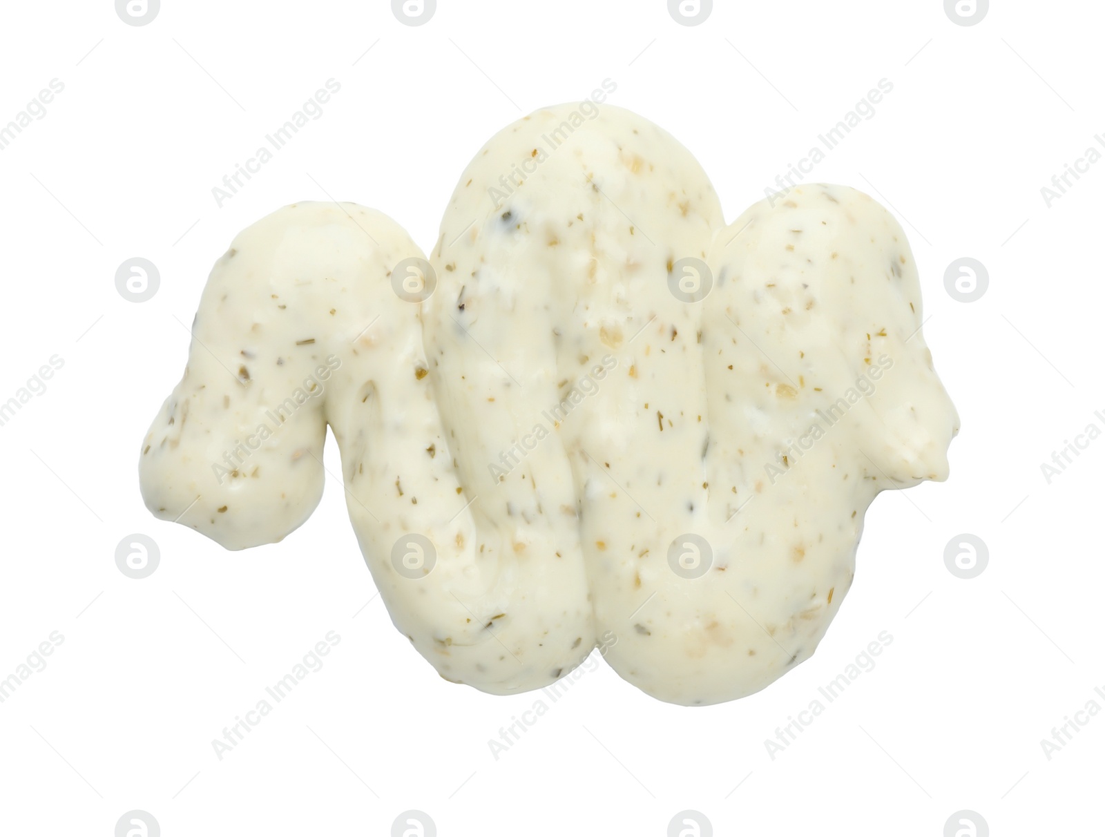 Photo of Tasty tartar sauce isolated on white, top view