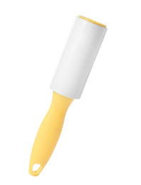 Photo of New lint roller with yellow handle isolated on white