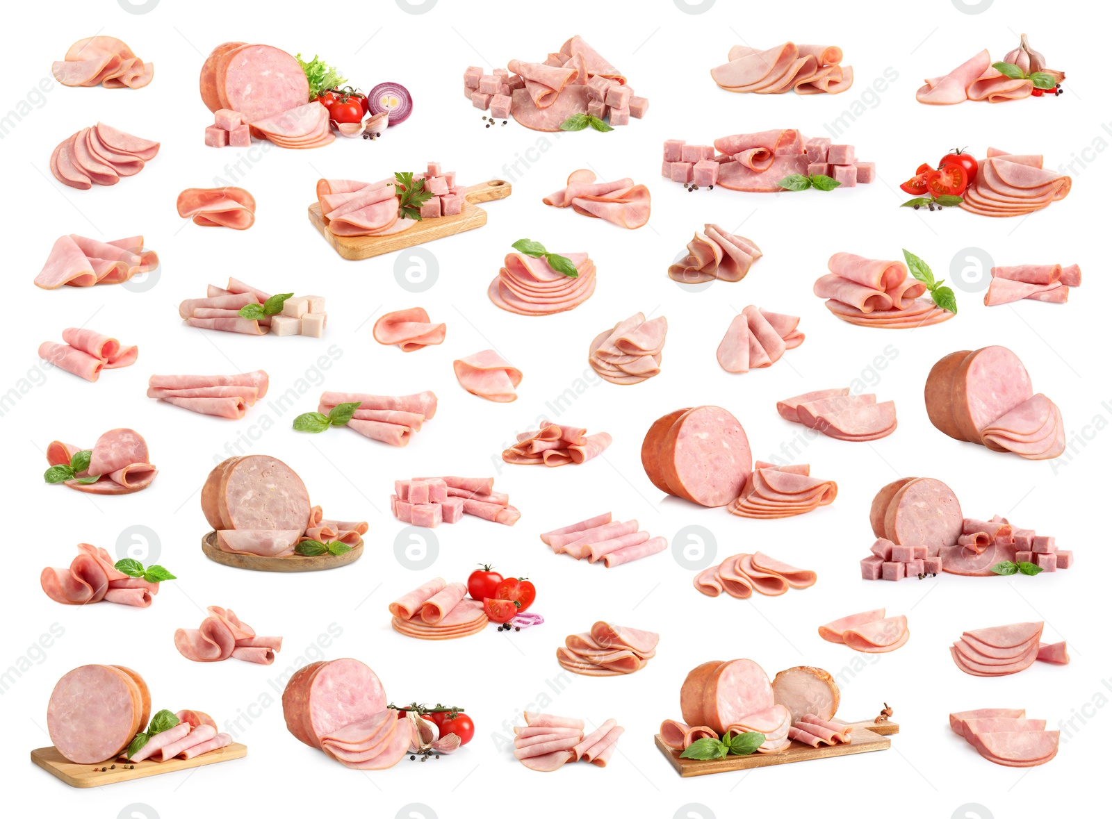 Image of Set of tasty hams on white background