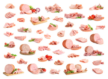 Image of Set of tasty hams on white background