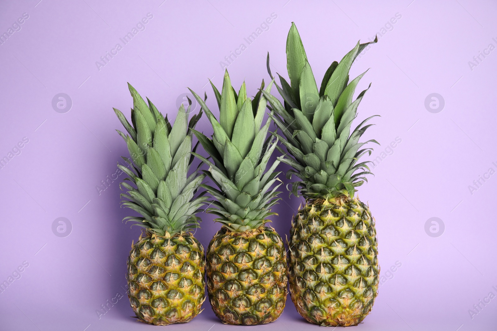 Photo of Fresh ripe juicy pineapples on lilac background