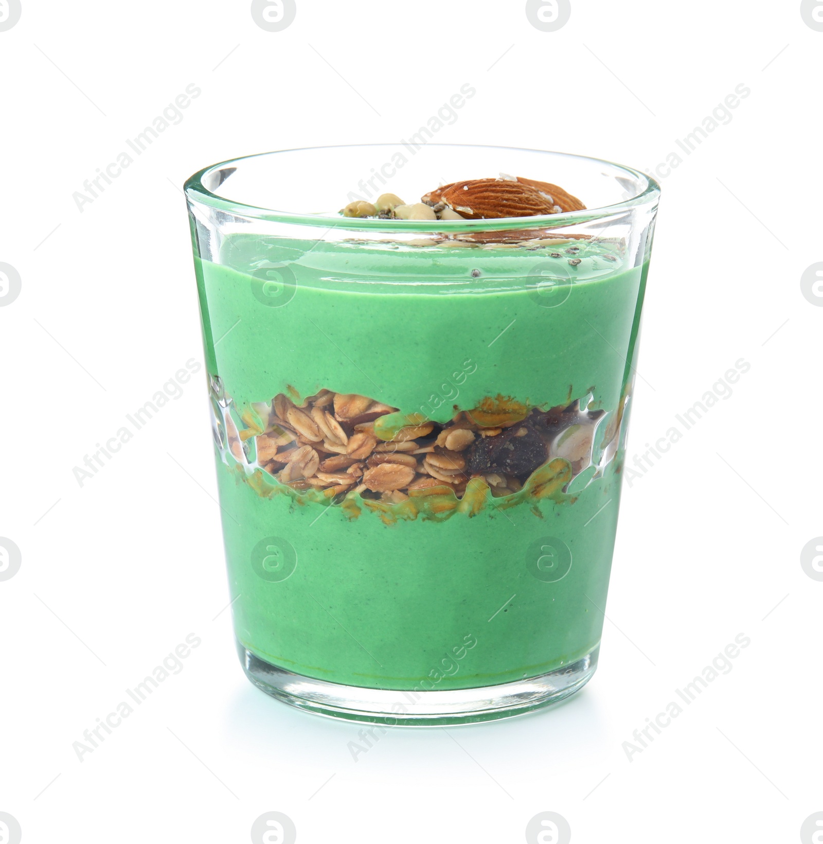 Photo of Glass cup of spirulina smoothie isolated on white