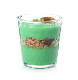 Glass cup of spirulina smoothie isolated on white