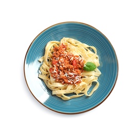 Photo of Plate with delicious pasta bolognese on white background, top view