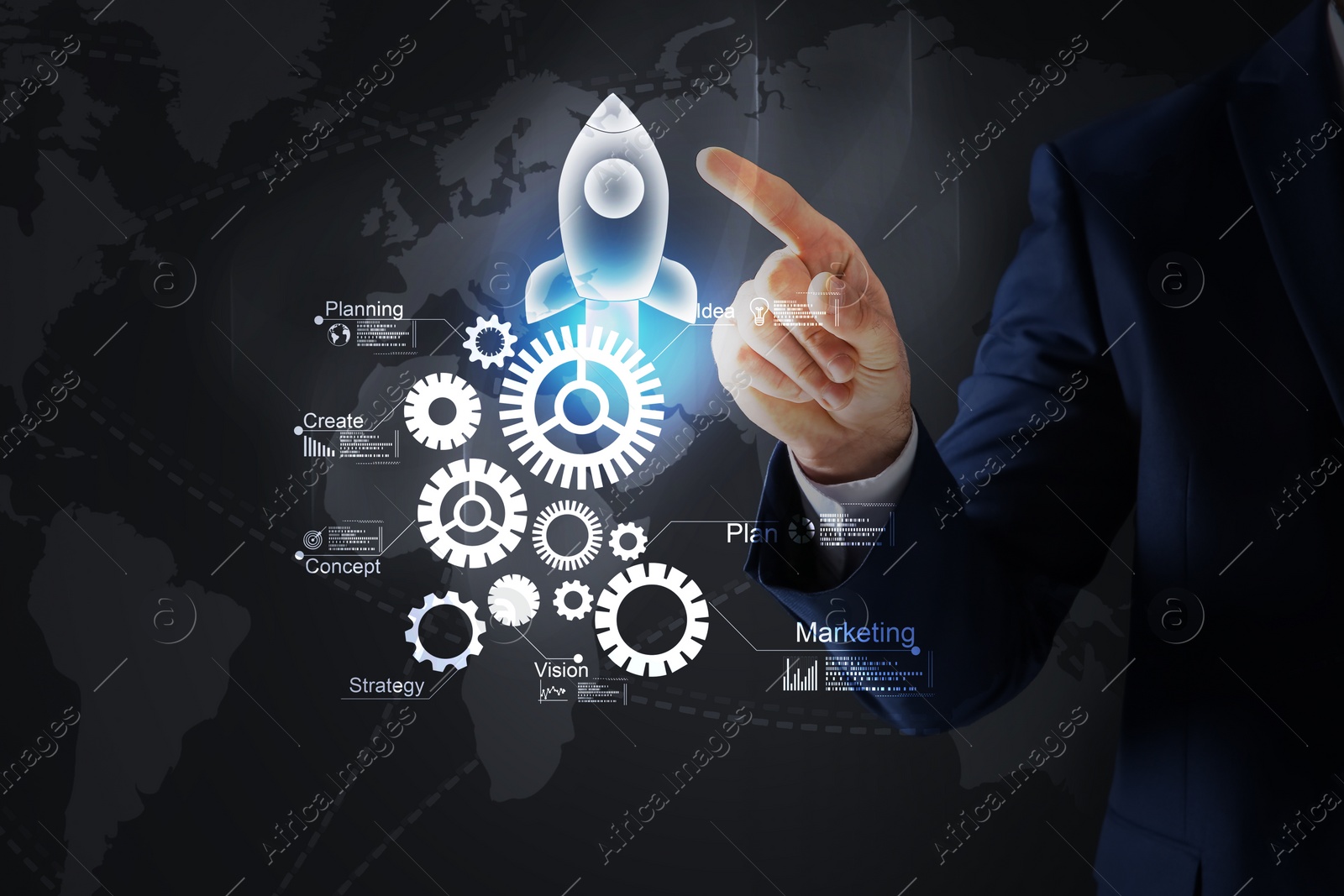 Image of Startup concept. Businessman on dark background, closeup