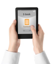 Woman using e-book reader on white background, closeup