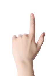 Photo of Woman pointing at something against white background, closeup