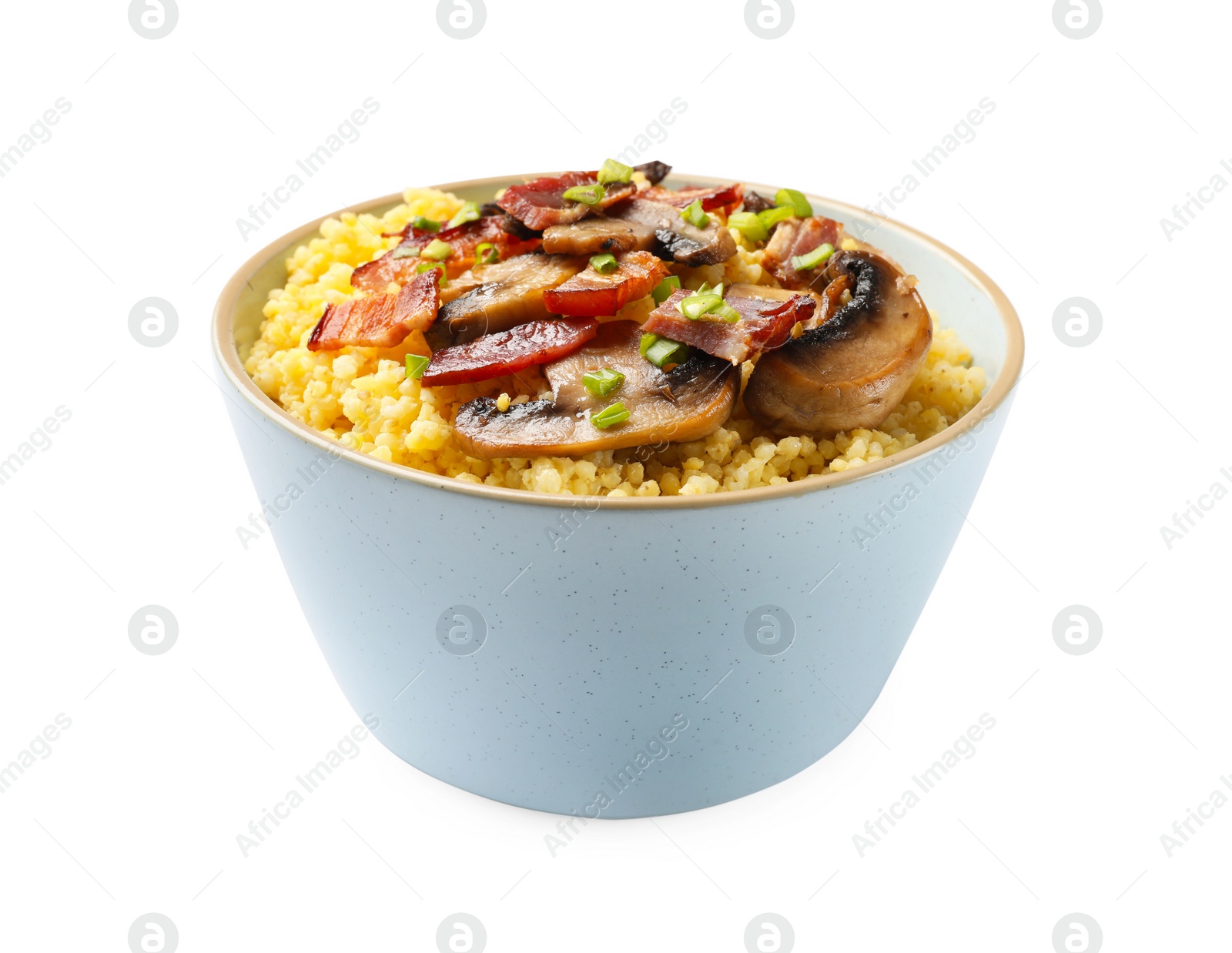 Photo of Tasty millet porridge with mushrooms, bacon and green onion in bowl isolated on white